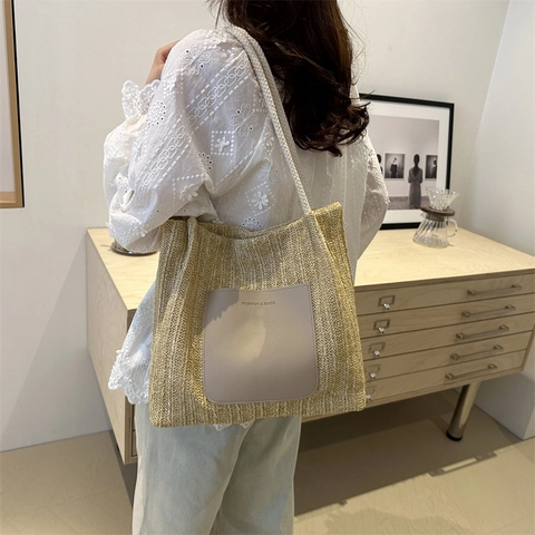 Grand Sac Fourre-Tout Tissé pour Femmes Sac à Épaule en Paille d'Été Sac de Plage Simple Avec Empiècement en Cuir