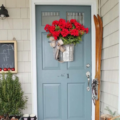 Artificial Red Flower Hanging Basket Wreath Galvanized Metal Bucket Buffalo Plaid Bow Rustic Farmhouse Door Wall Decor