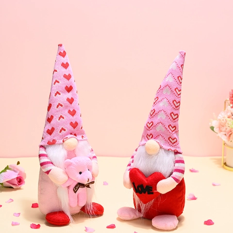 Valentine's Day Pink Gnome Plush Doll Ornament With Love Heart Teddy Bear For Couple Gift Home Festive Desktop Decoration