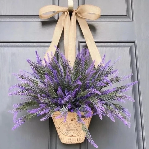 Artificial Lavender Hanging Flower Basket Wreath Burlap Bow Rustic Farmhouse Door Wall Decor Home Garden