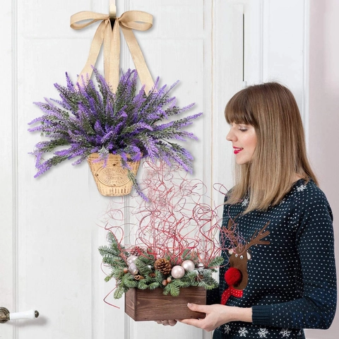 Artificial Lavender Hanging Flower Basket Wreath Burlap Bow Rustic Farmhouse Door Wall Decor Home Garden