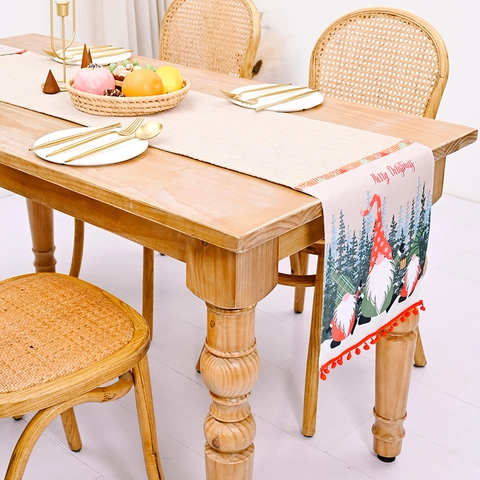 Weihnachten Tischläufer Wichtel Wald Muster Roter Pompon Leinenoptik Polyester Festliche Esszimmer Deko Holiday Tischdecke