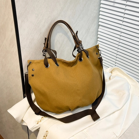 Japanese Retro Canvas Tote Bag Large Capacity Workwear Multi Functional Shoulder Crossbody Bag Women Daily Commuting Handbag