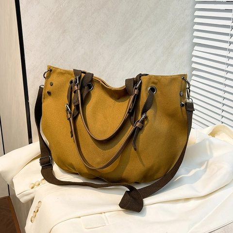 Japanese Retro Canvas Tote Bag Large Capacity Workwear Multi Functional Shoulder Crossbody Bag Women Daily Commuting Handbag