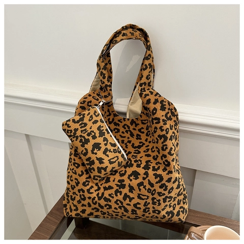Ensemble de Sacs Cabas en Velours Côtelé Léopard pour Femmes Sac à Bandoulière Grande Capacité Avec Pochette Rétro
