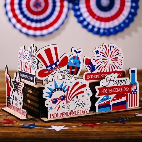 Décoration De Table En Bois Jour De L'Indépendance Rouge Blanc Bleu Patriotique Pour Le 4 Juillet Statue De La Liberté
