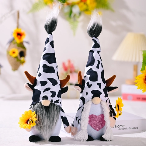 Gnomo in Peluche Senza Volto Motivo Mucca Con Girasole e Ape Accessori Statuetta Artigianale Stile Rustico Per Decorazioni Casa Regalo Festa Raccolto