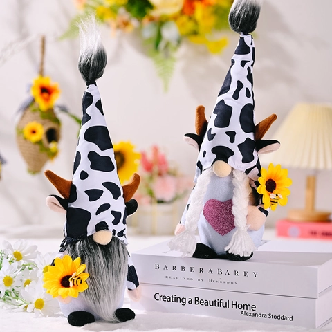 Gnomo in Peluche Senza Volto Motivo Mucca Con Girasole e Ape Accessori Statuetta Artigianale Stile Rustico Per Decorazioni Casa Regalo Festa Raccolto