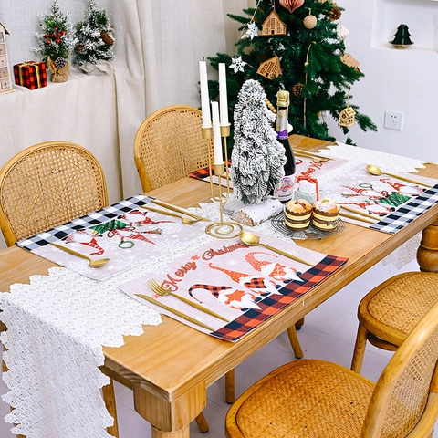 Christmas Placemat Gnome Print Buffalo Plaid Border Fabric Heat Resistant Table Decor Nordic Style Holiday Festive Dining