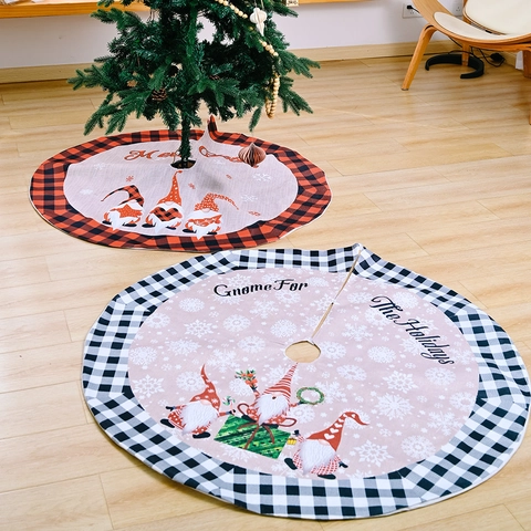 Christmas Tree Skirt Buffalo Plaid Gnome Pattern Round Polyester Mat For Holiday Party Home Decoration Tree Base Cover