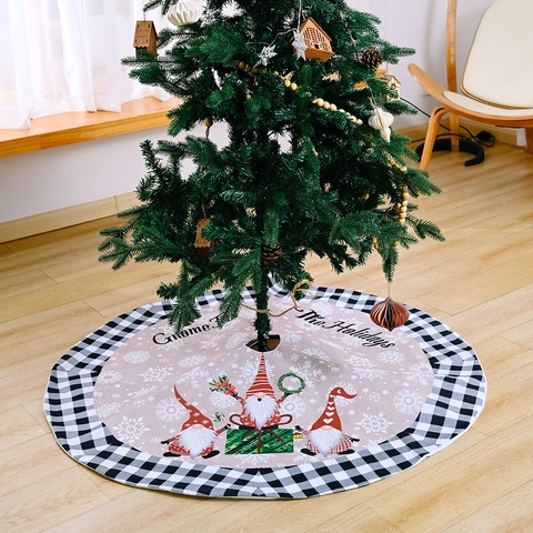 Christmas Tree Skirt Buffalo Plaid Gnome Pattern Round Polyester Mat For Holiday Party Home Decoration Tree Base Cover