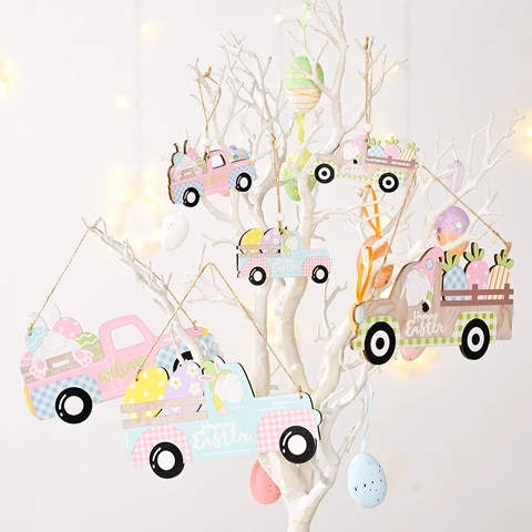 Ornamenti Appesi Camion Di Legno Di Pasqua Con Corda Di Juta Coniglio Uovo Gnomo Carote Insegne Festive