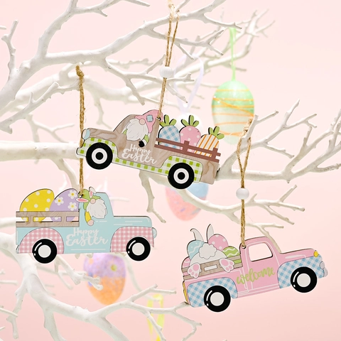 Easter Wooden Truck Hanging Ornament Rabbit Gnome Easter Eggs Carrots Pattern Decorative Pendant For Festival Home Party Decor