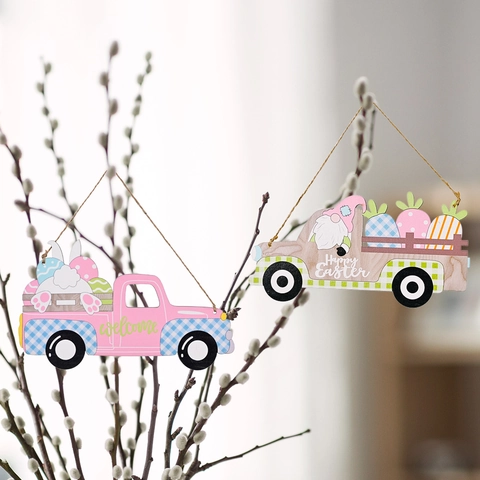 Ornamenti Appesi Camion Di Legno Di Pasqua Con Corda Di Juta Coniglio Uovo Gnomo Carote Insegne Festive