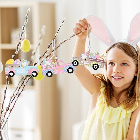 Easter Wood Hanging Ornaments Truck Shaped Bunny Gnome Carrot Egg Decorations For Spring Home Party Holiday Decor