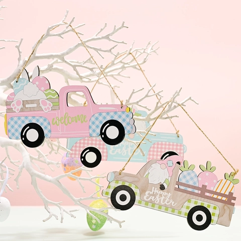 Ostern Holz Auto Hängeornament Holz LKW Mit Osterei Hase Karotte Gnom Dekoration Für Zuhause Feiertag Party