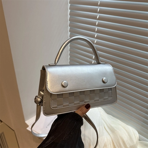 Women Checkerboard Shoulder Bag PU Leather Small Square Handbag City Simple Crossbody Bag Top Handle Stylish Daily Bag