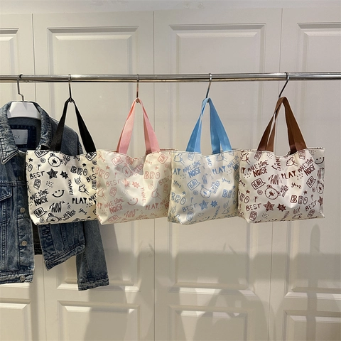 Bolso Tote De Lona Graffiti Dibujos Animados Oso Estampado Bolso De Hombro Casual Streetwear Estética Mujer Moda