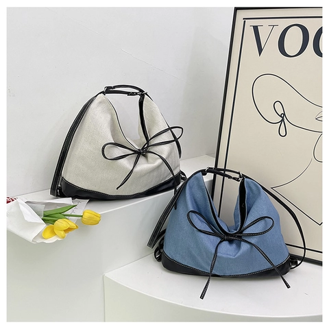 Bolso Tote De Mezclilla Y Lona Retro Para Mujer Gran Capacidad Patchwork Bolso De Hombro Hobo Con Lazo Vintage Bolso Casual
