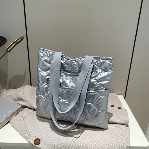 Dames Metallic Gewatteerde Puffer Tote Bag Grote Capaciteit Glanzend Nylon Schoudertas Koreaanse Stijl Handtas