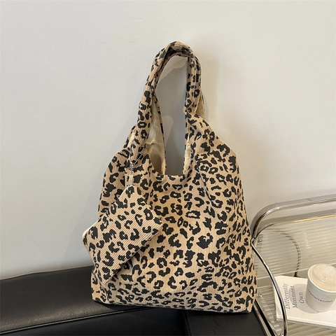 Vintage Cord Leopardenmuster Tote Bag Und Pouch Große Kapazität Schulter Handtasche Für Damen Täglich Pendeln Schultasche