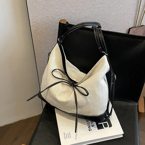Borsa Shopping Vintage Denim Tela Grande Capacità Patchwork Fiocco Borsa a Tracolla da Donna Casual Pendolare Gioielli