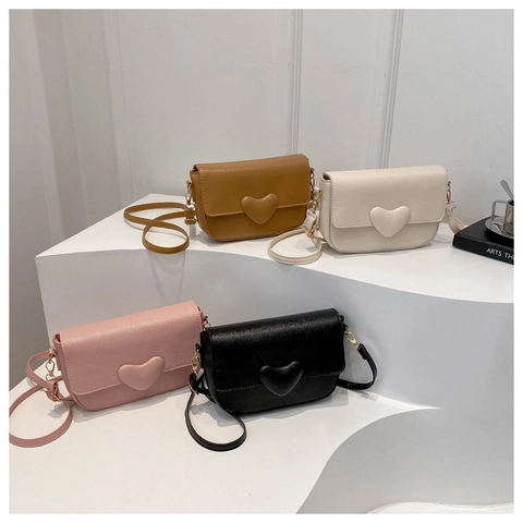 Bolso Bandolera de Moda para Mujer Decoración de Corazón de Cuero PU Color Sólido Grano de Lichi Bolso de Hombro Cuadrado Pequeño