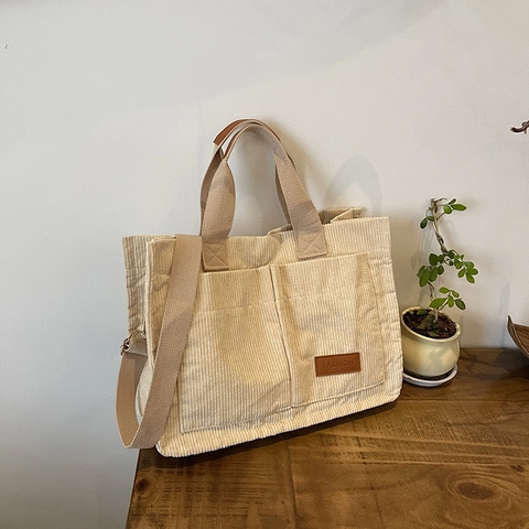 Damen Cord Tragetasche Große Kapazität Schulter Messenger Bag Mit Breitem Gurt Retro Lässig Handtasche Mit Doppeltaschen
