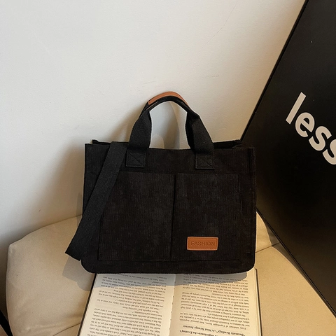Damen Cord Tragetasche Große Kapazität Schulter Messenger Bag Mit Breitem Gurt Retro Lässig Handtasche Mit Doppeltaschen