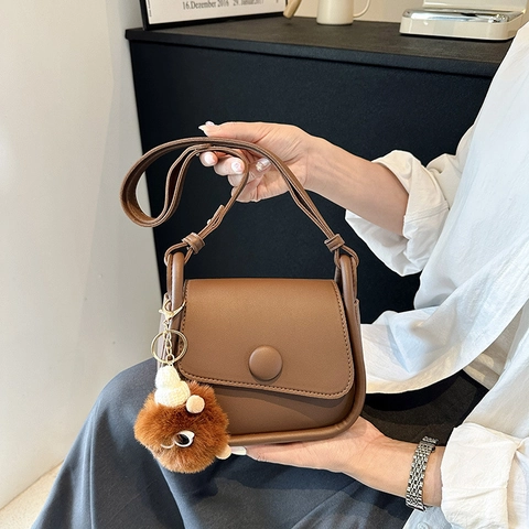 Women Vintage Color Block PU Leather Shoulder Bag Saddle Bag Small Square Crossbody Bag With Plush Hanging Ornament Fashion Streetwear