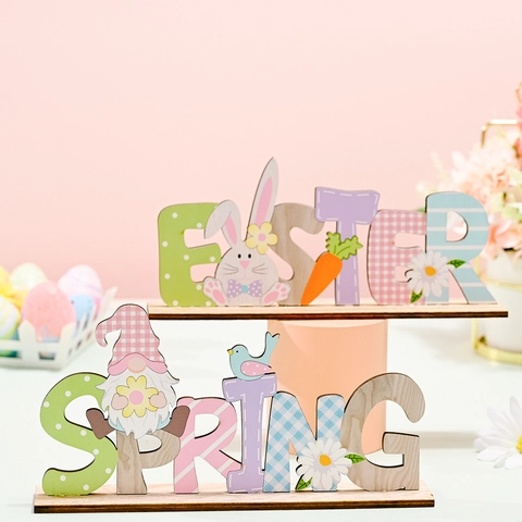 Easter Wooden Letter Sign Table Decoration Spring Printed Wood Gnome Rabbit Ornament For Home Party Desktop Festive Decor