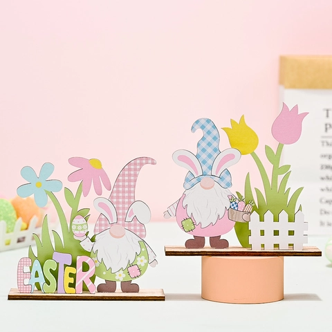Easter Wooden Gnome Desktop Ornament Bunny Ears Table Decor With Easter Lettering Tulip Flower For Holiday Home Decoration