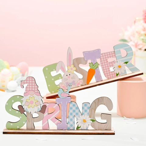 Easter Spring Wooden Letter Sign Table Ornament Rabbit Gnome Desktop Decor Home Holiday Party Tabletop Decoration Gift
