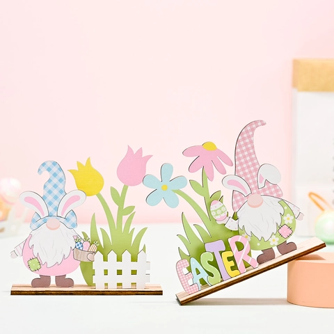 Easter Wooden Gnome Desktop Ornament Bunny Ears Table Decor With Easter Lettering Tulip Flower For Holiday Home Decoration