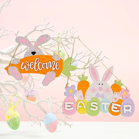 Easter Wooden Welcome Sign Bunny Carrot Hanging Ornament For Home Party Wall Decoration Colorful Wood Plaque Holiday Decor
