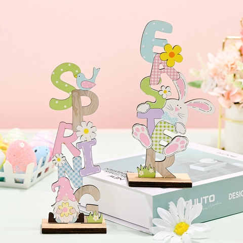 Easter Spring Vertical Wooden Letter Sign Desktop Ornament Cartoon Bunny Gnome Table Decoration Home Festival Decor