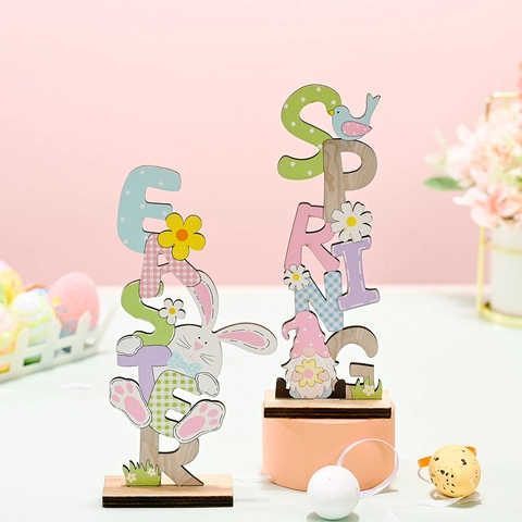 Easter Spring Vertical Wooden Letter Sign Desktop Ornament Cartoon Bunny Gnome Table Decoration Home Festival Decor