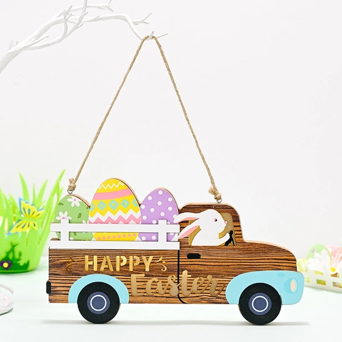 Targa Appesa in Legno di Pasqua LED Con Coniglietto e Uova Colorate Rustico Happy Easter Placca per Porta Decorazione