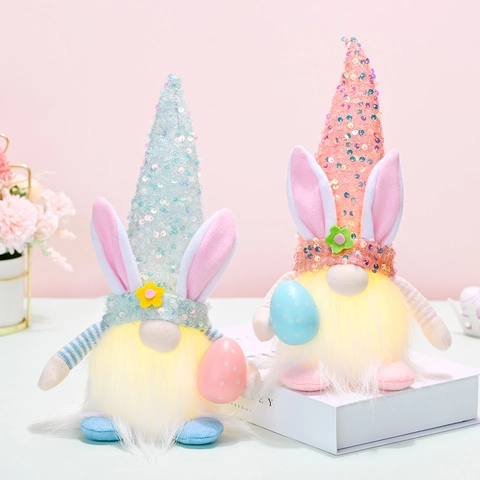 Easter Sequin Gnome Plush Doll LED Light Bunny Ears Faceless Gonk Decoration For Holiday Table Ornament Party Supply