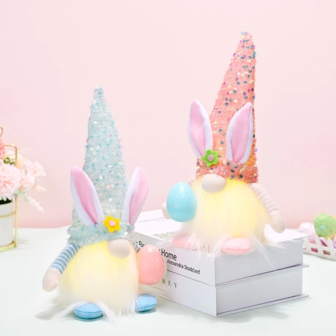 Easter Sequin Gnome Plush Doll LED Light Bunny Ears Faceless Gonk Decoration For Holiday Table Ornament Party Supply