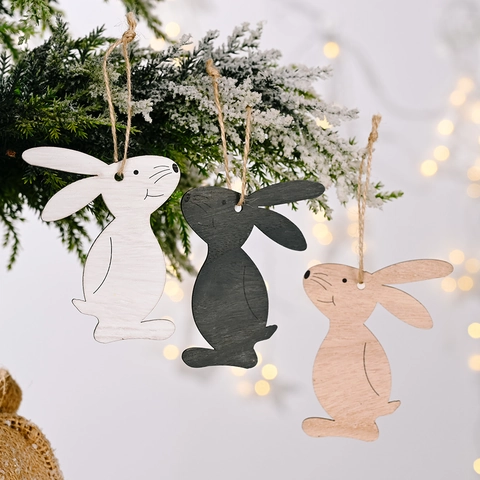 Easter Wooden Rabbit Pendant Minimalist Bunny Ornaments With Hemp Rope For Holiday Spring Party Home Decoration