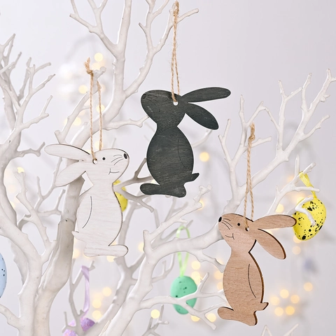 Easter Wooden Rabbit Pendant Minimalist Bunny Ornaments With Hemp Rope For Holiday Spring Party Home Decoration