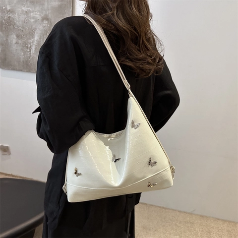 Große Kapazität PU Leder Umhängetasche Metall Schmetterling Deko Mode Y2K Hobo Tote Handtasche Alltagstasche Für Damen