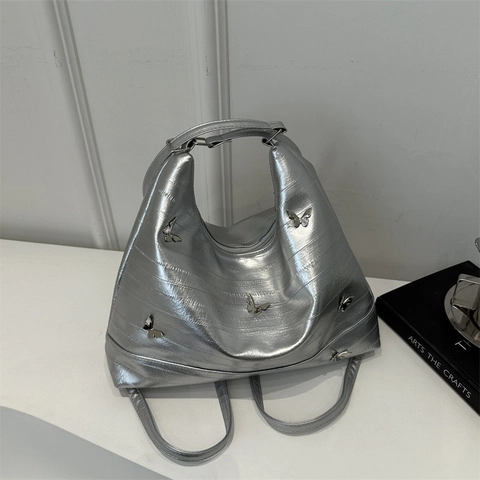Große Kapazität PU Leder Umhängetasche Metall Schmetterling Deko Mode Y2K Hobo Tote Handtasche Alltagstasche Für Damen