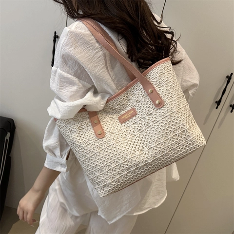 Spitzen Häkeln Gewebte Tragetasche Damen Hohl Groß Kapazität Schultertasche Ledergriff Metallnieten Eleganter Sommer