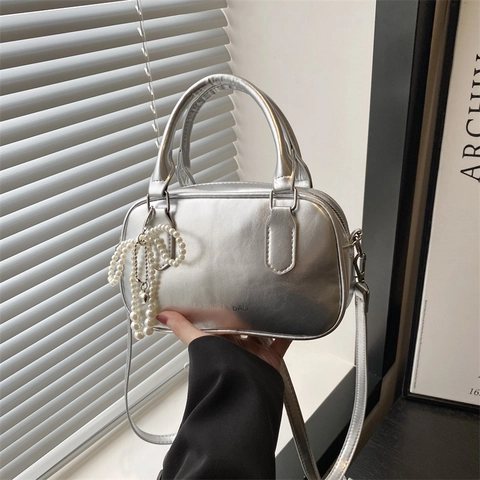 Women Bowling Bag Glossy PU Leather Shoulder Crossbody Handbag With Artificial Pearl Bow Charm Elegant Retro Style