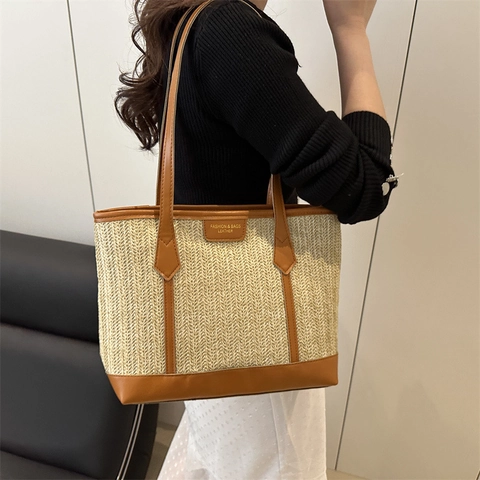 Damen Große Stroh-Einkaufstasche Sommer Strand Gestreift Vintage Schultertasche Mit PU-Lederbesatz Lässige Handtasche