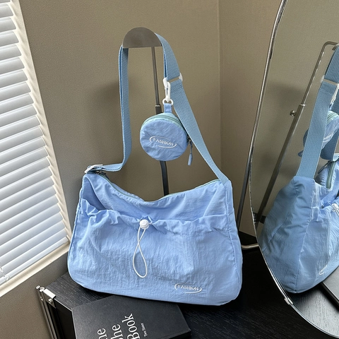 Fashion Women Nylon Crossbody Bag With Mini Round Coin Purse Drawstring Pleated Shoulder Bag Casual Solid Messenger Bag