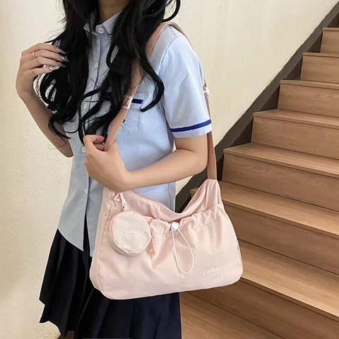 Fashion Women Nylon Crossbody Bag With Mini Round Coin Purse Drawstring Pleated Shoulder Bag Casual Solid Messenger Bag