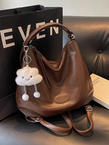 Bolso de Hombro de Piel PU Vintage de Gran Capacidad para Mujer Bolso Tote Hobo de Moda Coreana Con Colgante de Nube de Peluche